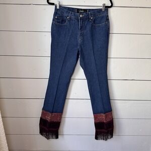 Vtg 90s Jeans Velvet Patchwork Hem Fringe Straight Leg 7/8 Festival Boho Hippie